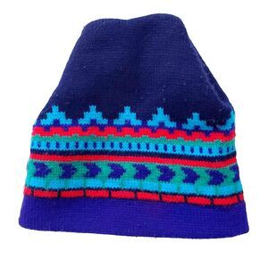 Vintage Unisex Colorful Color Block 90s Thick Acrylic‎ Beanie Hat USA Made Cap